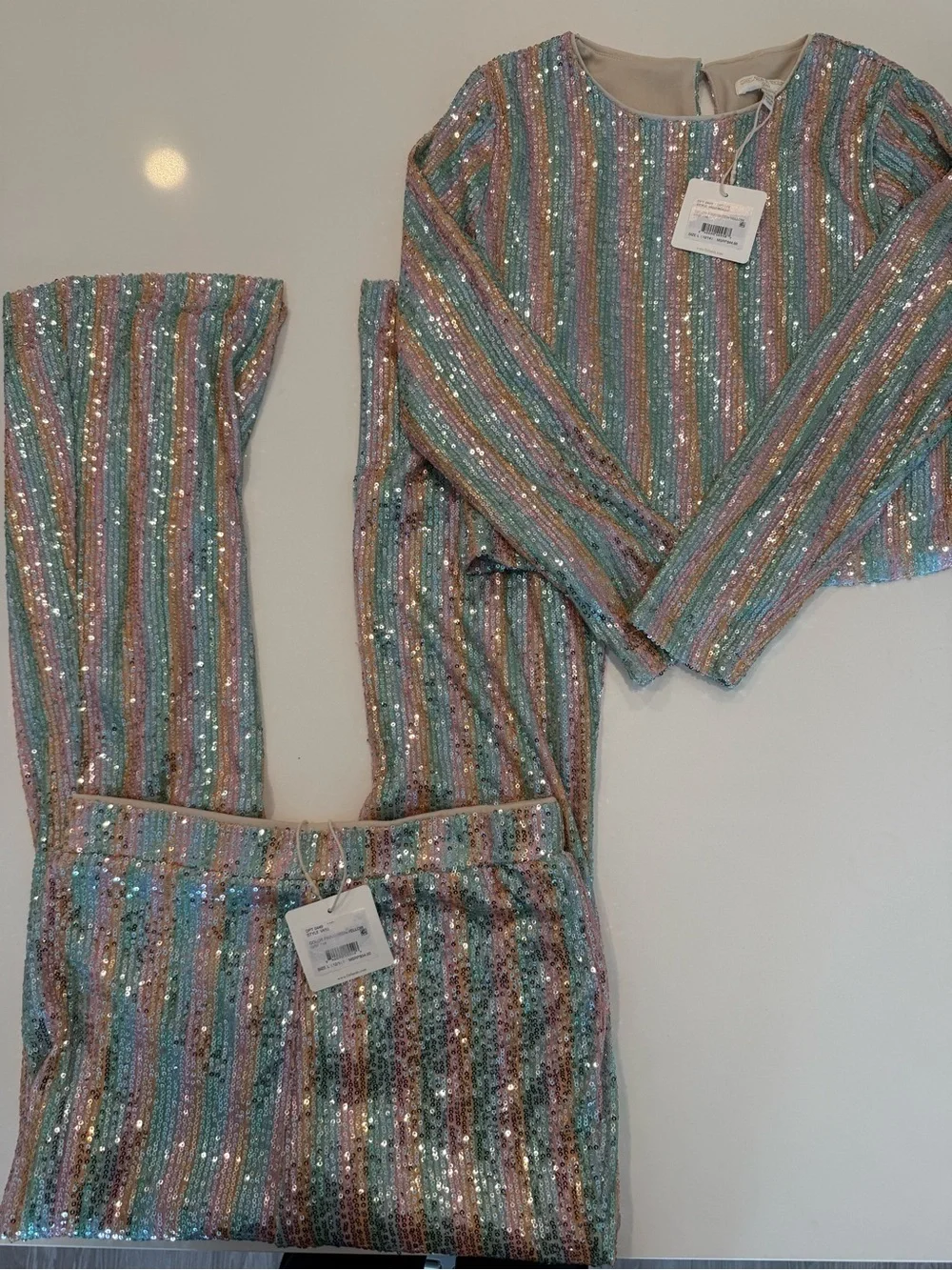 NWT Chelsea & Violet Girls Sequin Pastel Striped Crop Top & Pants Set